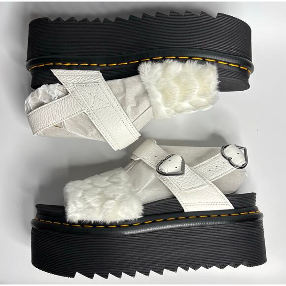 Dr. Martens Voss Heart Fluffy Faux Fur Platform Sandals in White Milled Nappa - Picture 8 of 10